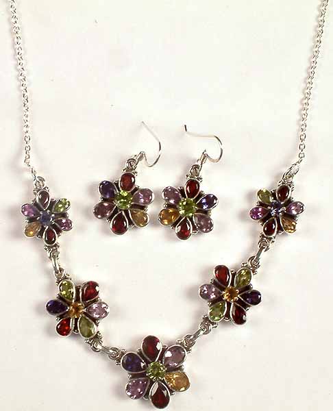 Faceted Gemstone Floral Necklace with Matching Earrings