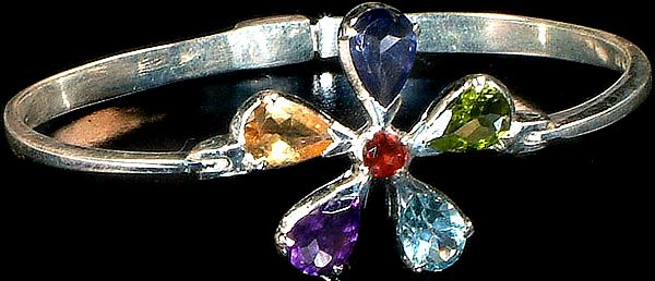 Faceted Gemstone Flower Bracelet (Citrine, Water Sapphire, Peridot, Blue Topaz, Amethyst and Central Garnet)
