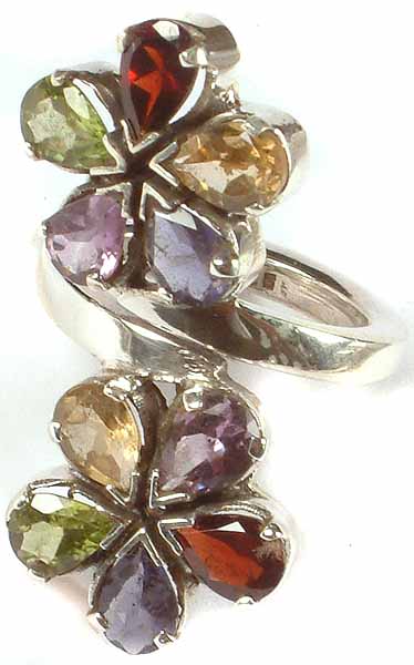 Faceted Gemstone Flower Ring (Garnet, Peridot, Citrine and Amethyst)