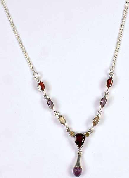 Faceted Gemstone Necklace with Dangling Amethyst Drop