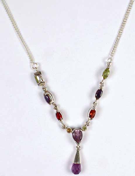 Faceted Gemstone Necklace with Dangling Drop