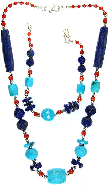Faceted Gemstone Necklace with Matching Bracelet Set (Lapis Lazuli, Coral and Turquoise)