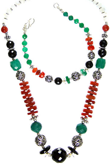 Faceted Gemstone Necklace with Matching Bracelet Set (Black Onyx, Carnelian, Green Onyx and Rainbow Moonstone)