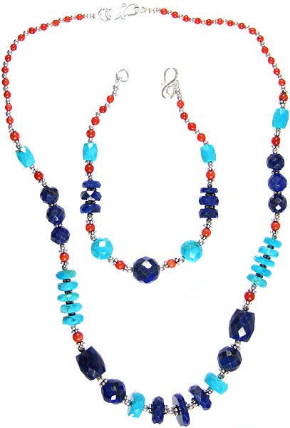 Faceted Gemstone Necklace with Matching Bracelet Set (Turquoise, Lapis Lazuli and Coral)