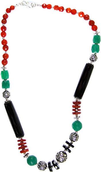 Faceted Gemstone Necklace with Matching Bracelet Set (Black Onyx, Green Onyx and Carnelian)