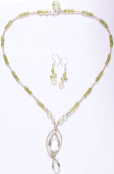 Faceted Gemstone Necklace with Matching Earrings Set (Green Amethyst, Prehnite and Peridot)