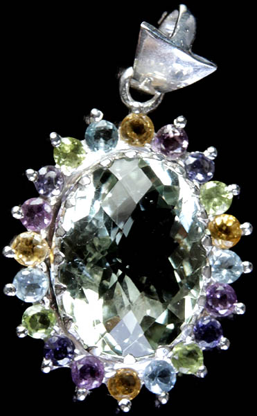 Faceted Gemstone Oval Pendant<br>(Citrine, BT, Peridot, Iolite, Amethyst with Central Green Amethyst)