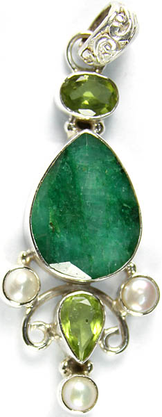 Faceted Gemstone Pendant (Emerald, Peridot and Pearl)