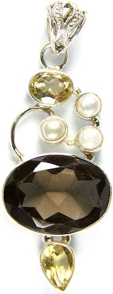 Faceted Gemstone Pendant (Lemon Topaz, Pearl and Smoky Quartz)