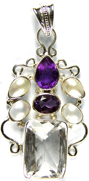 Faceted Gemstone Pendant with (Crystal, Amethyst and Pearl )