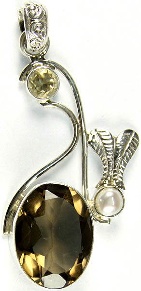 Faceted Gemstone Pendant with (Smoky Quartz, Pearl and Lemon Topaz)