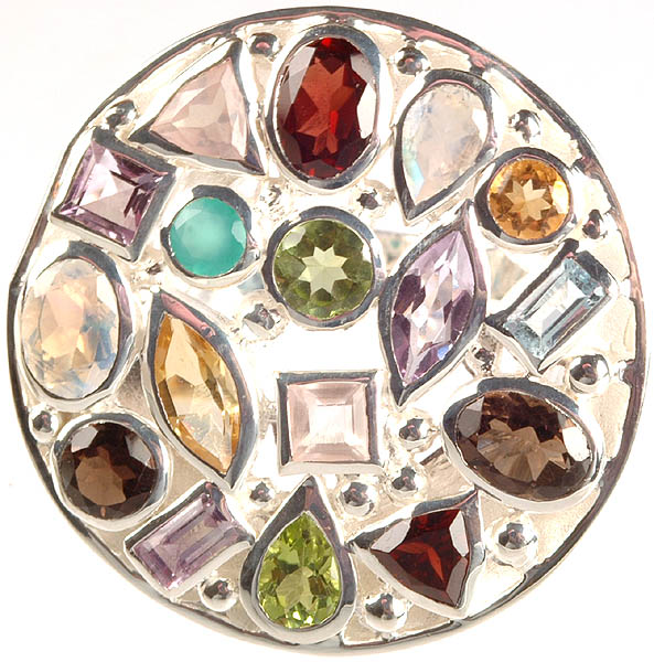 Faceted Gemstone Pot Pourri Ring (Garnet, Rainbow Moonstone, Amethyst, Emerald, Peridot, Citrine and Smoky Quartz)