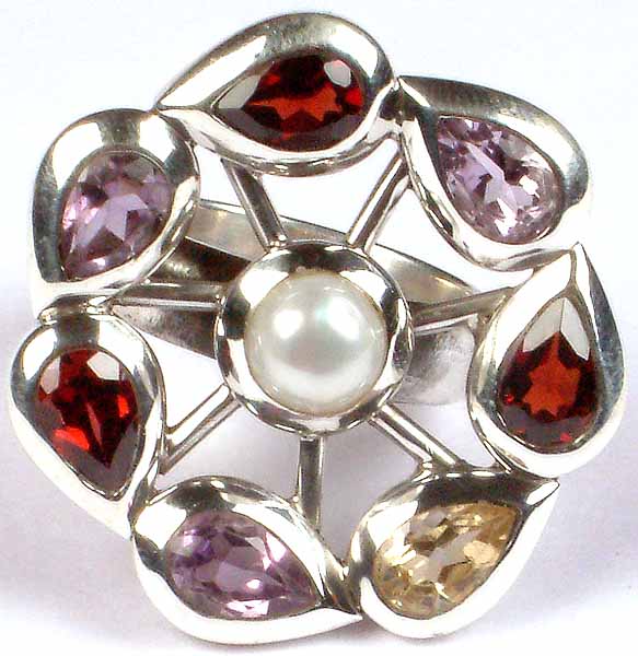 Faceted Gemstone Ring with Central Pearl