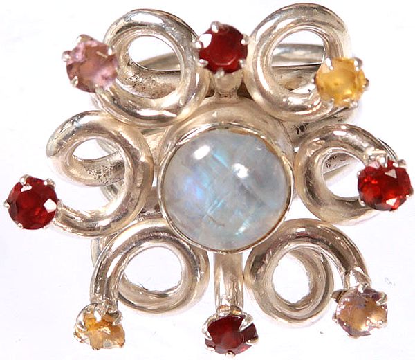 Faceted Gemstone Ring with Central Rainbow Moonstone (Amethyst, Garnet and Citrine)