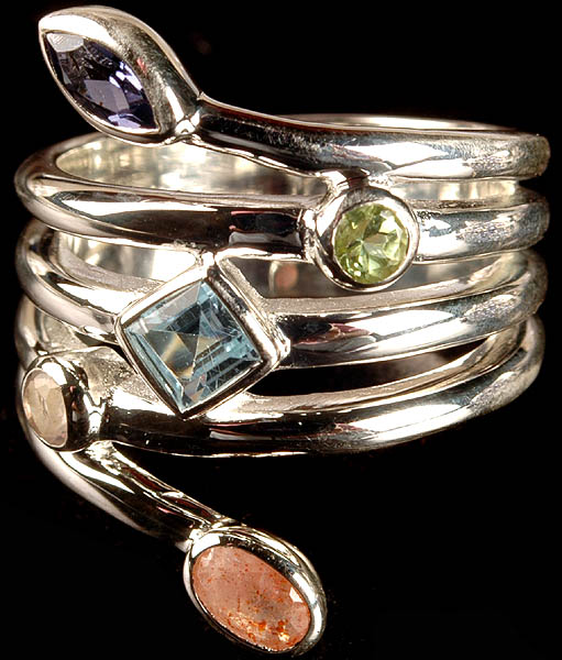 Faceted Gemstone Spiral Ring (Iolite, Peridot, Blue Topaz, Crystal and Sunstone)
