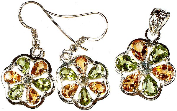 Faceted Gemstone Superfine Pendant with Matching Earrings Set (Peridot, Citrine and Blue Topaz)