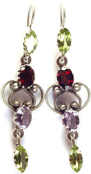 Faceted Gemstone Valentine Earrings (Peridot, Garnet and Amethyst)
