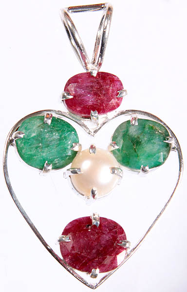 Faceted Gemstone Valentine Pendant (Ruby, Emerald and Pearl)
