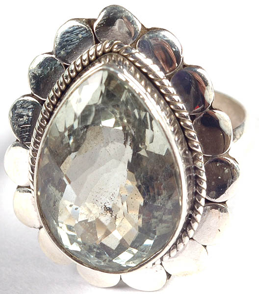 Faceted Green Amethyst Teardrop Finger Ring with Petal Edge