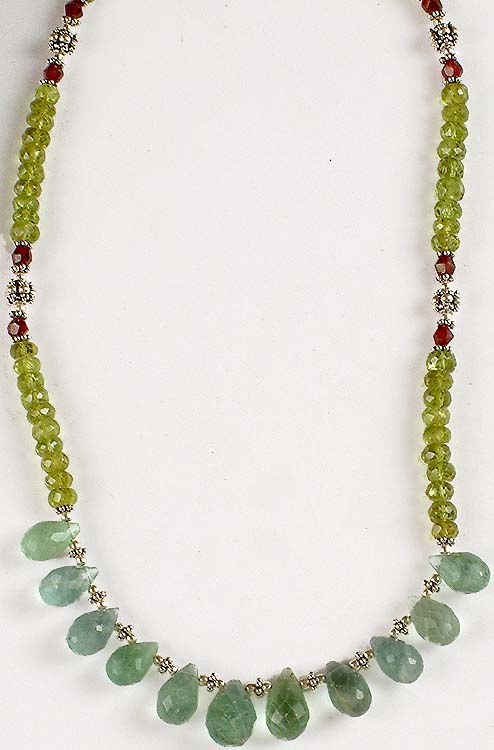 Faceted Green Fluorite Drop Necklace with Peridot & Garnet
