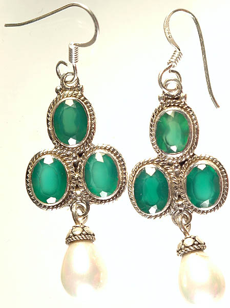 Faceted Green Onyx and Pearl Earrings