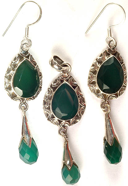 Faceted Green Onyx Pendant and Earrings Set with Charms