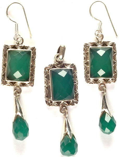 Faceted Green Onyx Pendant with Earrings Set