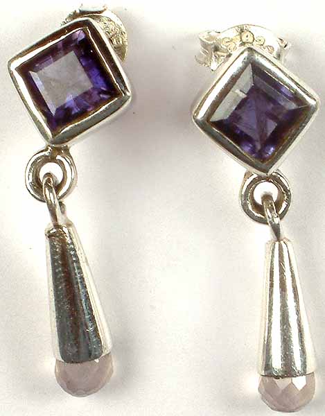 Faceted Iolite Earrings with Rose Quartz Dangling Drop