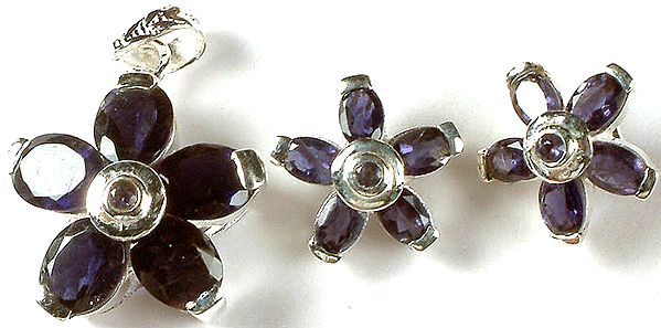 Faceted Iolite Flower Pendant with Earrings Set