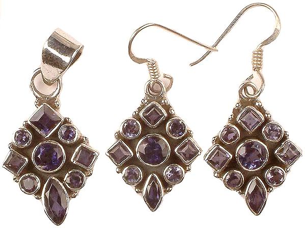 Faceted Iolite Pendant With Matching Earrings Set