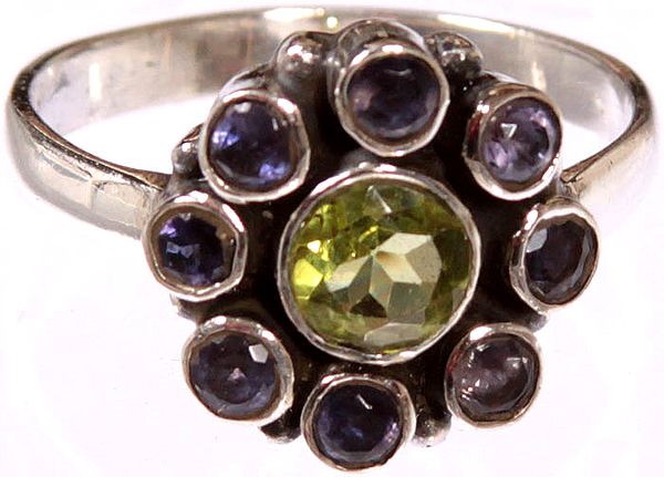 Faceted Iolite Ring with Central Peridot