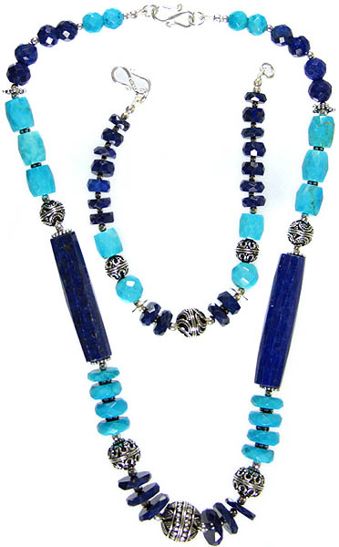 Faceted Lapis Lazuli and Turquoise Necklace with Matching Bracelet Set