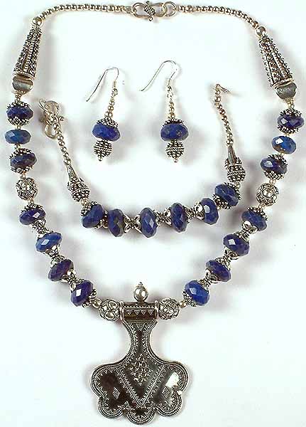 Faceted Lapis Lazuli Necklace, Bracelet & Earrings Set with Granulation