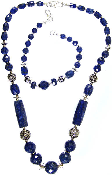 Faceted Lapis Lazuli Necklace with Matching Bracelet Set