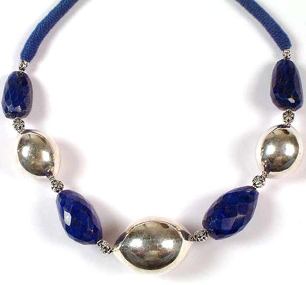 Faceted Lapis Lazuli Necklace with Sterling Beads & Matching Cord