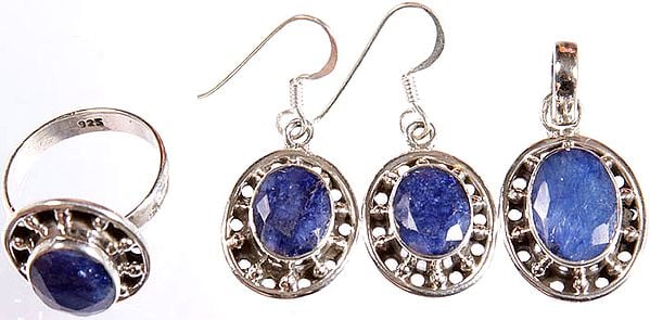 Faceted Blue Sapphire Pendant, Earrings and Ring Set