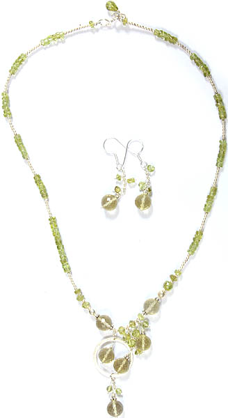 Faceted Lemon Topaz and Peridot Necklace with Matching Earrings Set