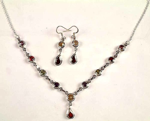 Faceted Multicolor Gemstone Necklace with Matching Earrings