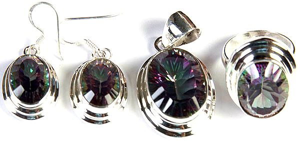 Faceted Mystic Topaz Earring with Pendant and Ring Set