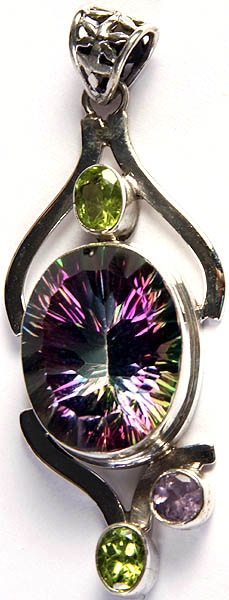 Faceted Mystic Topaz Oval Pendant with Peridot and Amethyst