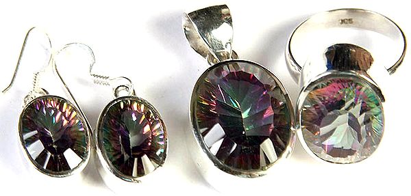 Faceted Mystic Topaz Pendant with Earrings and Ring Set