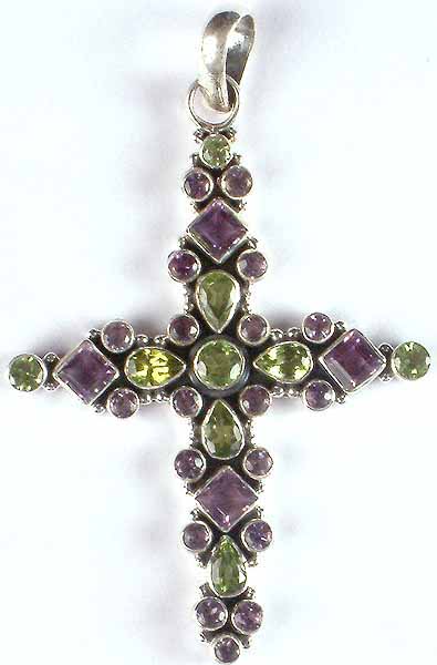 Faceted Peridot & Amethyst Cross