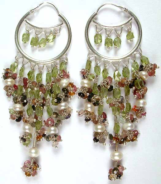 Faceted Peridot & Tourmaline Hoop Chandeliers with Pearls