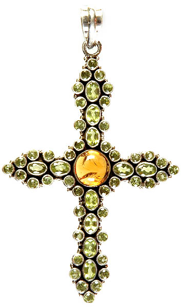 Faceted Peridot, and Amber Cross Pendant