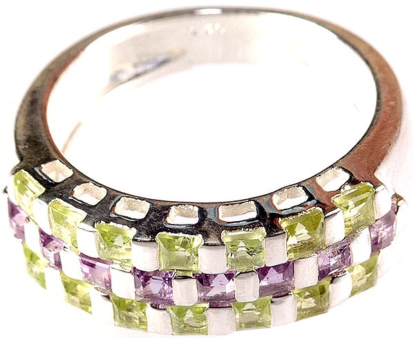 Faceted Peridot and Amethyst Finger Ring