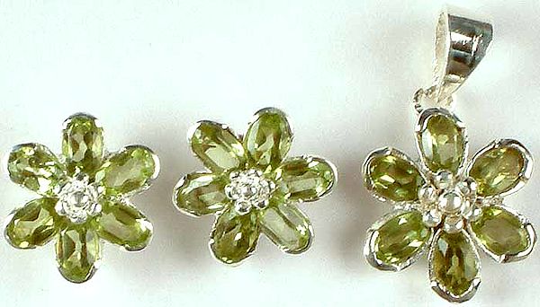 Faceted Peridot Flower Pendant & Earrings Set