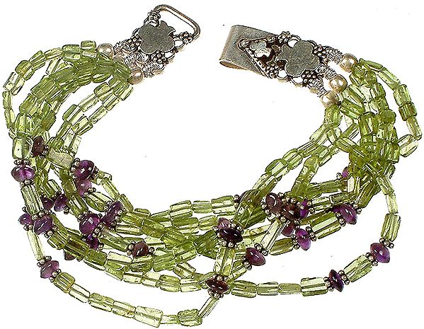 Faceted Peridot Multi Layers Bracelet with Amethyst