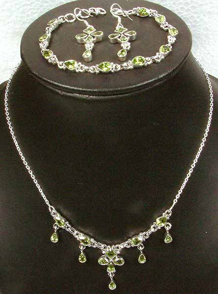 Faceted Peridot Necklace, Bracelet & Earrings Set