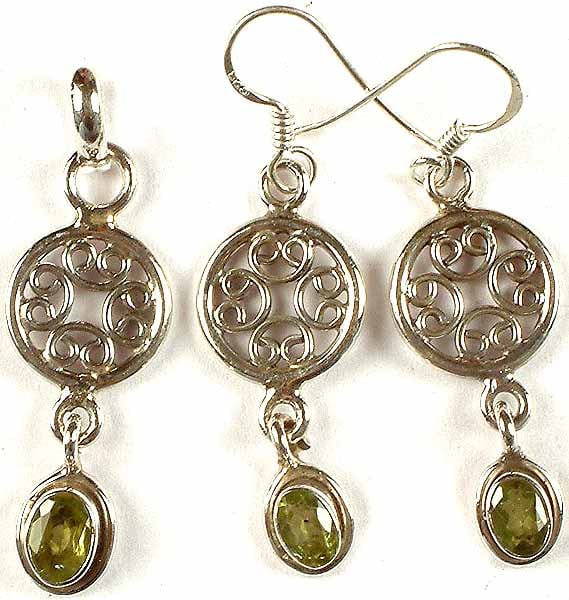 Faceted Peridot Pendant With Matching Earrings Set