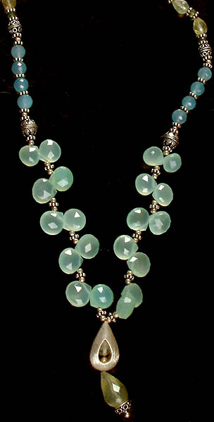 Faceted Peru and Blue Chalcedony Beaded Necklace with Frosted Pendant